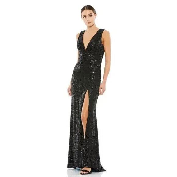 NWT Mac DUGGAL 26598 Black Sequin Sheath High Leg Slit Fitted‎ Gown Dress Size 8 - Picture 1 of 6